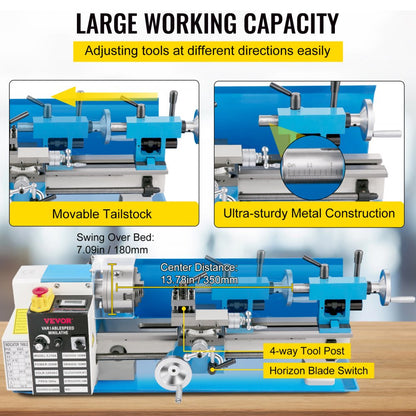 010631700507 - Compact 7"x14" Wood Lathe with 550W Motor & LED Light