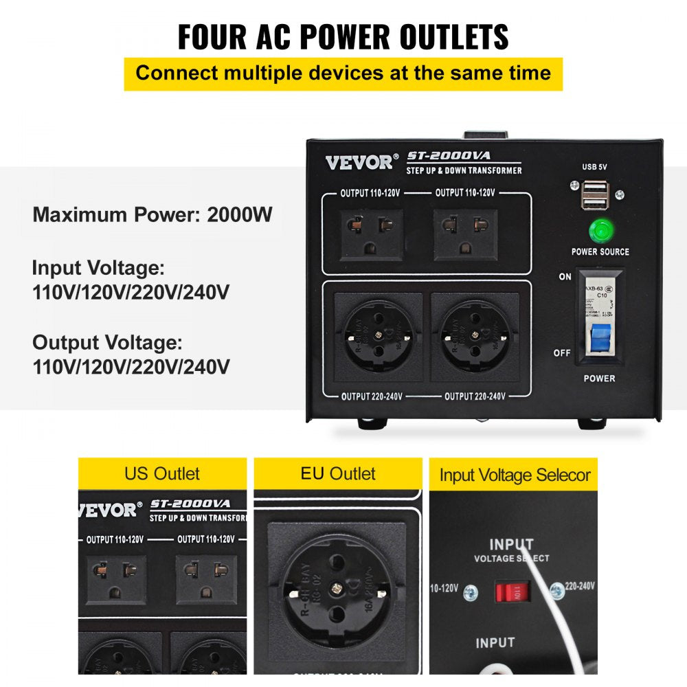 ST-2000VA - Compact 2000W Voltage Converter with Multi-Outlet Design