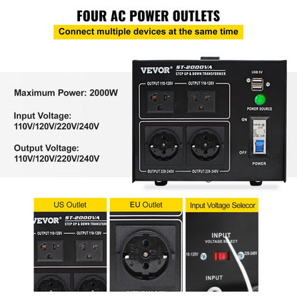 ST-2000VA - Compact 2000W Voltage Converter with Multi-Outlet Design