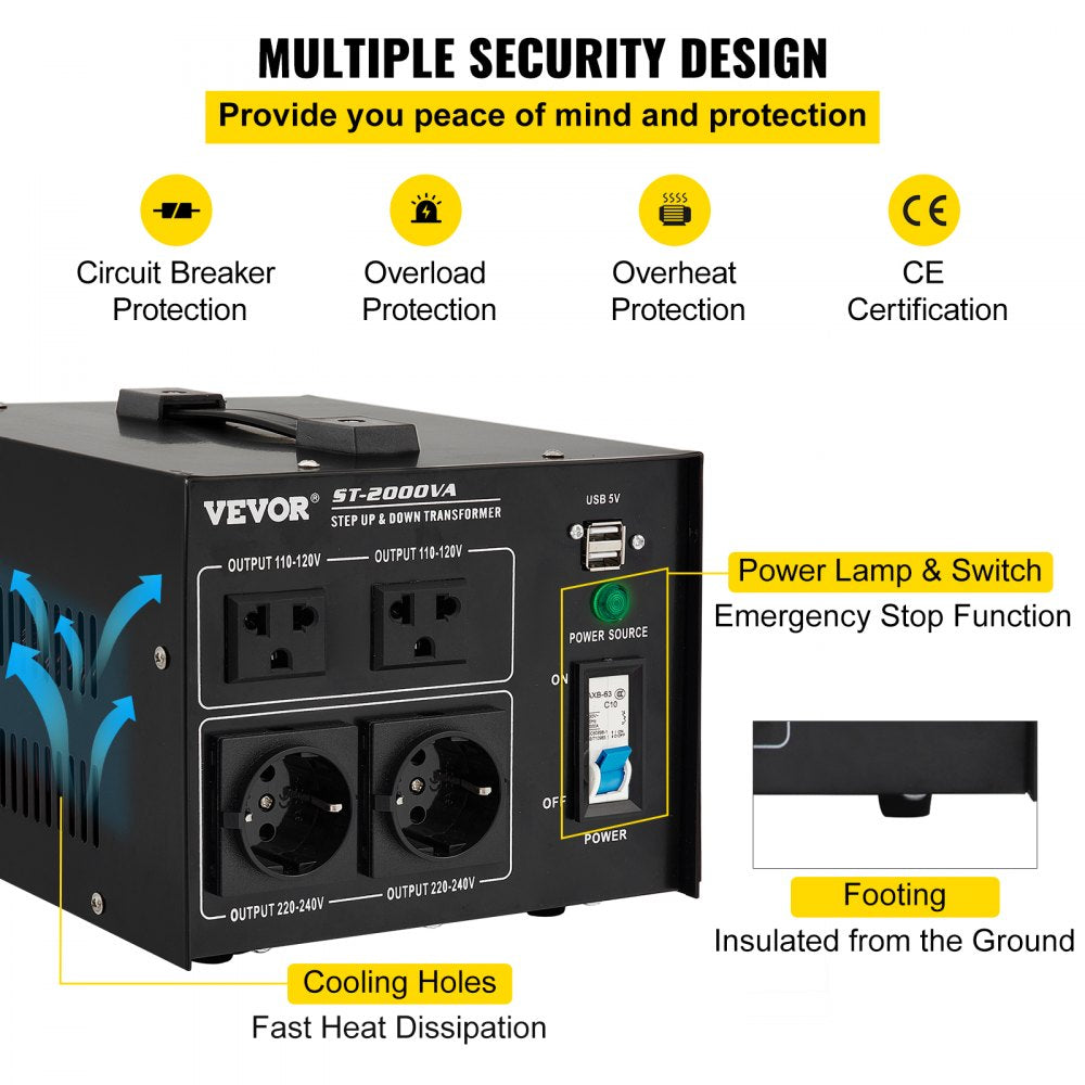 ST-2000VA - Compact 2000W Voltage Converter with Multi-Outlet Design