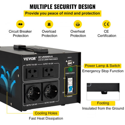 ST-2000VA - Compact 2000W Voltage Converter with Multi-Outlet Design