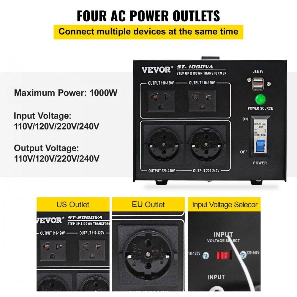 ST-1000VA - 1000W Voltage Converter with Multiple AC Outlets