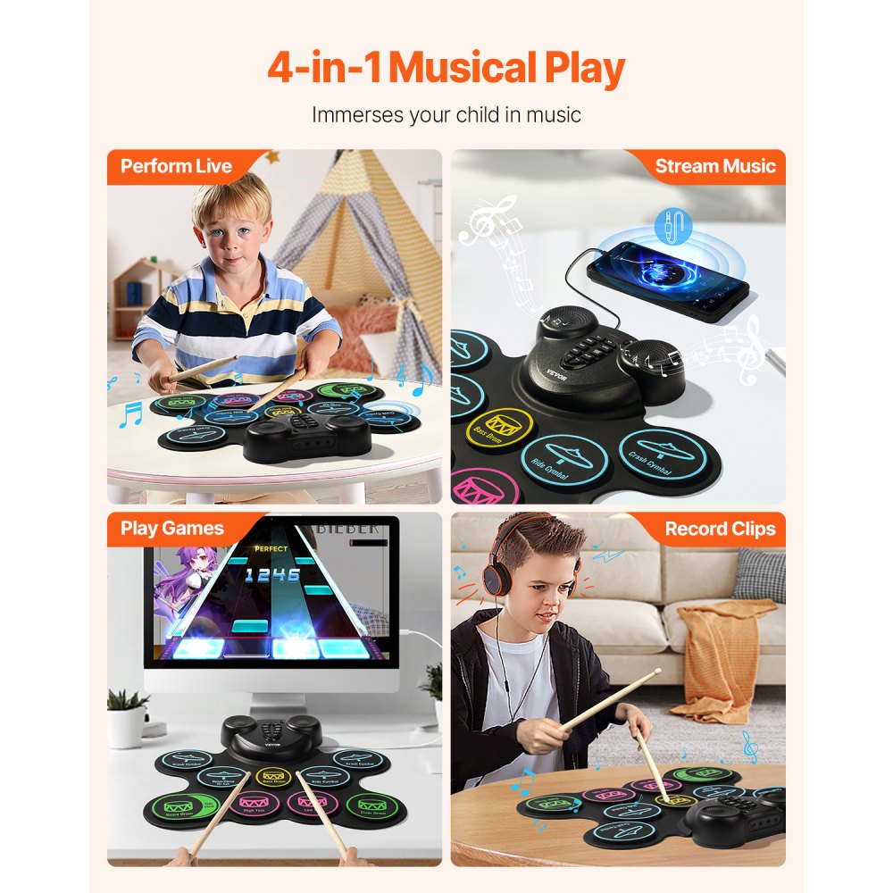WGS630 - Kids' Portable 9-Pad Drum Set with Rechargeable Battery