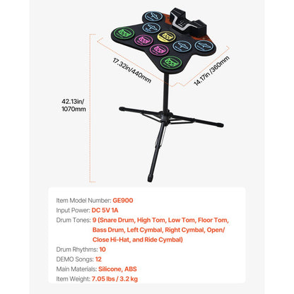 GE900 - 9-Pad Electric Drum Set with Bluetooth, Dual Speakers & Headphone Output