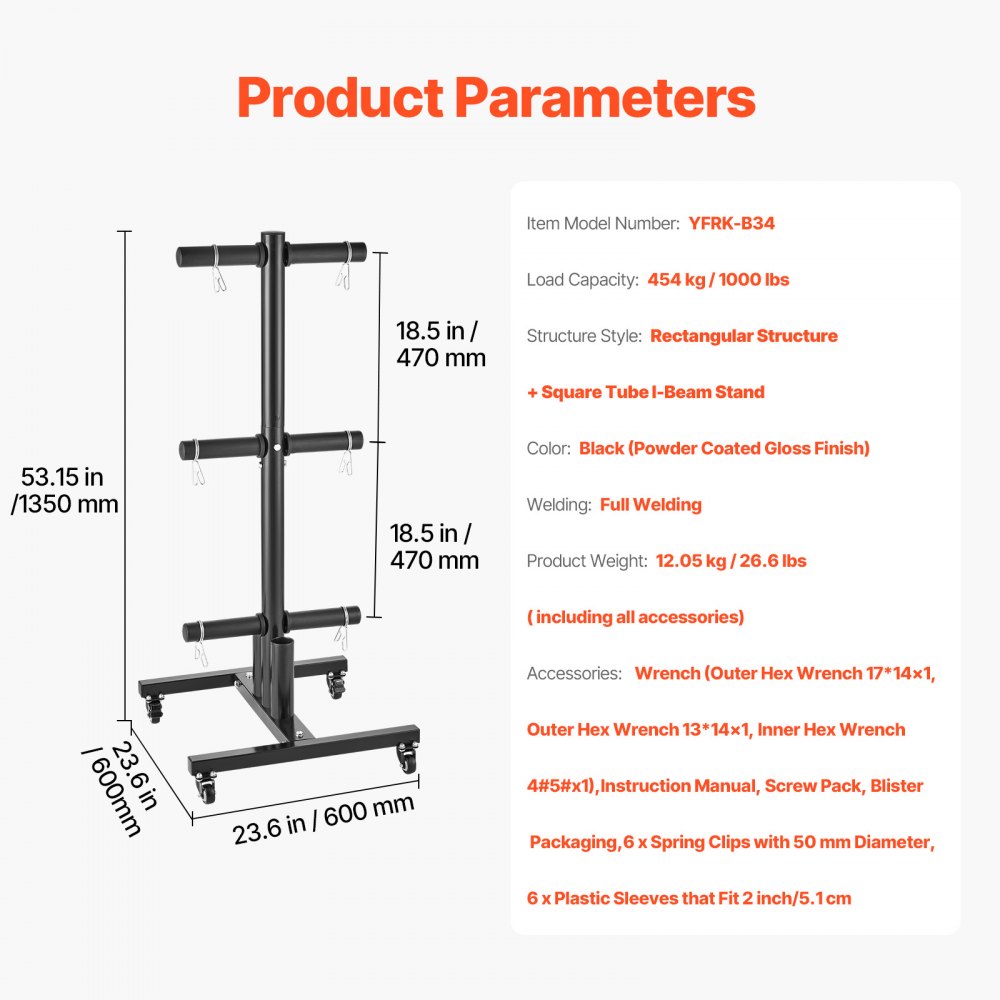 YFRK-B34 - 1000 lbs Weight Plate Rack with Wheels, Compact Design