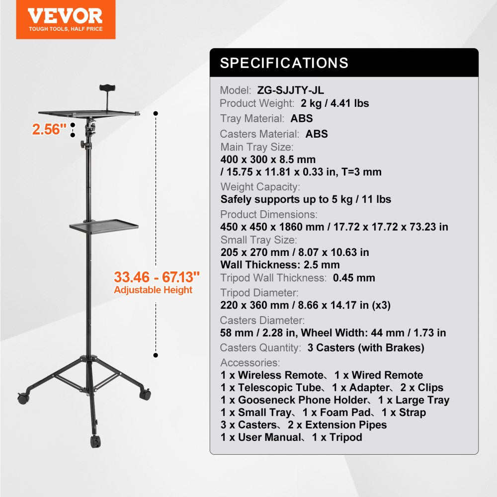 ZG-SJJTY-JL - Adjustable 31.3-67.3in VEVOR Projector Stand with Tray & Phone Holder