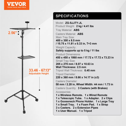 ZG-SJJTY-JL - Adjustable 31.3-67.3in VEVOR Projector Stand with Tray & Phone Holder