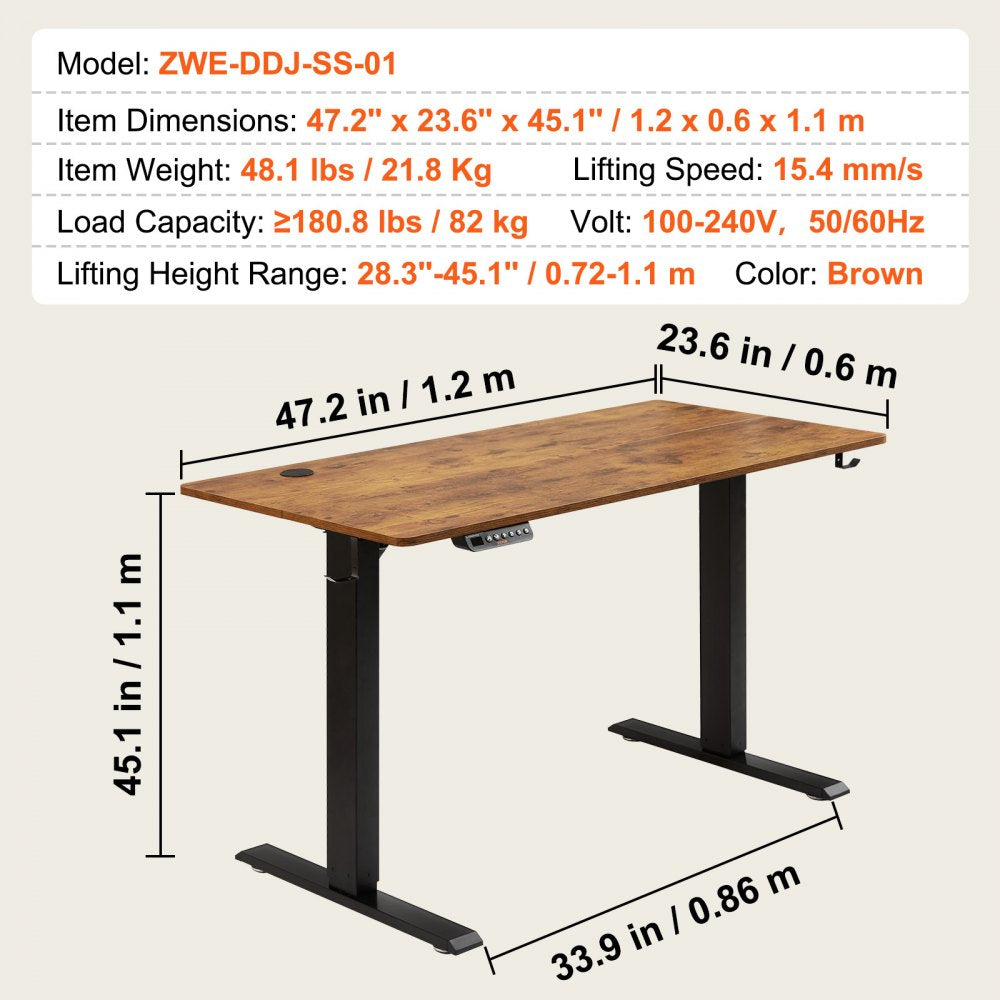 ZWE-DDJ-SS-01 - 47.2"x23.6" Height Adjustable Desk, Elevates 28.3" to 45.1"