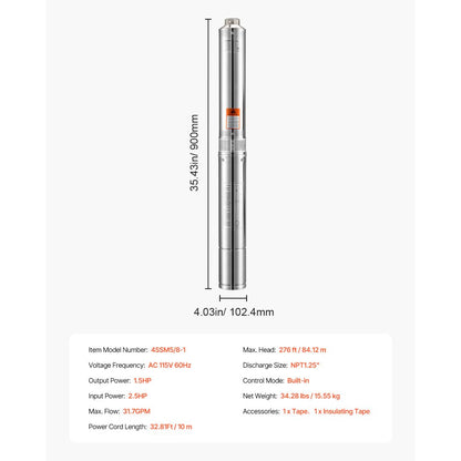 4SSM5/8-1 - 1.5HP Submersible Pump, 276ft Lift, Durable Stainless Steel