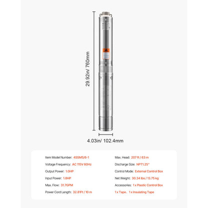 4SSM5/6-1 - 1HP Submersible Pump, 207ft Lift, 31.7GPM Flow Rate