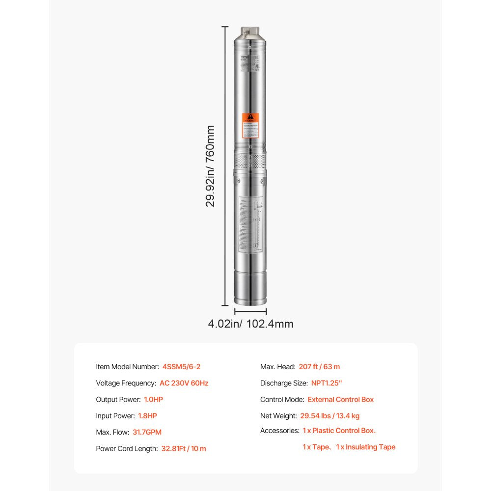 4SSM5/6-2 - 230V Deep Well Pump, 31.7 GPM, 207 ft Lift, Stainless Steel