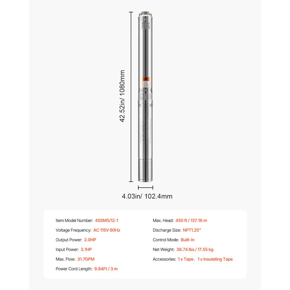 4SSM5/12-1 - Durable 2HP Deep Well Pump, 450 ft Lift, 31.7 GPM Flow