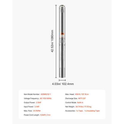 4SSM5/12-1 - Durable 2HP Deep Well Pump, 450 ft Lift, 31.7 GPM Flow