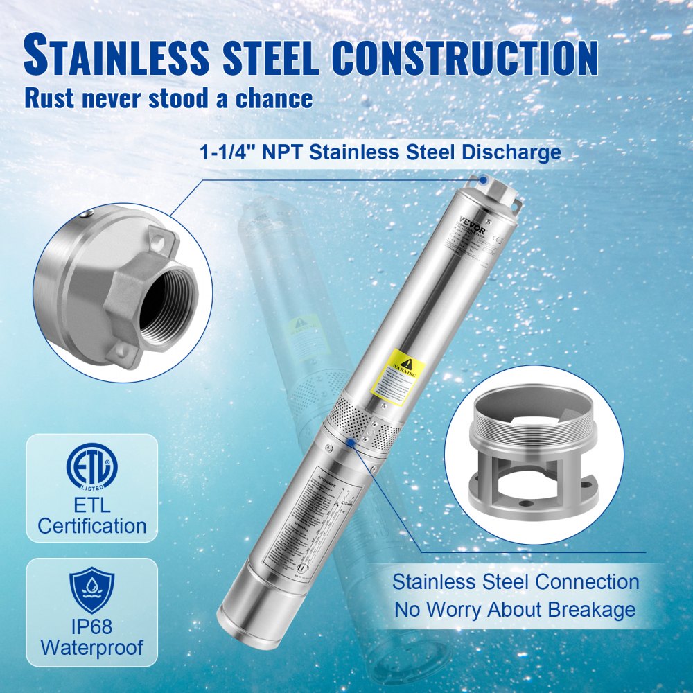 4SSM4/5 - 4" Stainless Steel Deep Well Pump, 167ft Depth, 28 GPM Flow