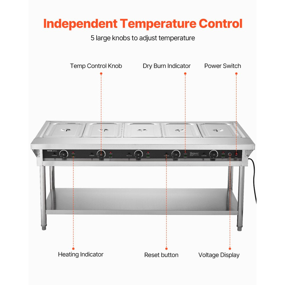SFTLS5G220v250w - Stainless Steel 5-Pan Food Warmer with Independent Temperature Control