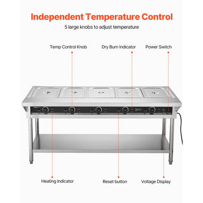 SFTLS5G220v250w - Stainless Steel 5-Pan Food Warmer with Independent Temperature Control