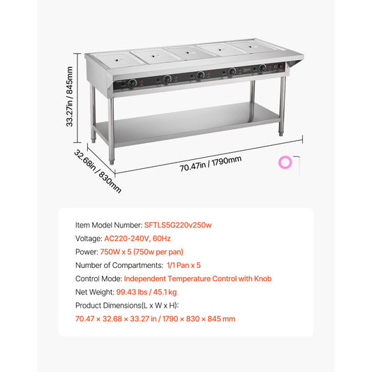SFTLS5G220v250w - Stainless Steel 5-Pan Food Warmer with Independent Temperature Control