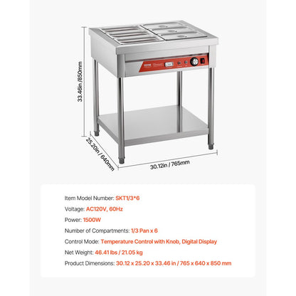 SKT1/3*6 - Stainless Steel Commercial Food Warmer with Adjustable Temperature