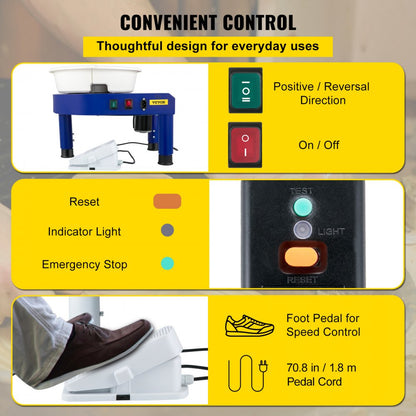 GCJX-008 - 14" VEVOR Pottery Wheel with Adjustable Height & Quiet 450W Motor