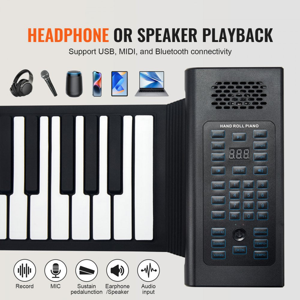 BR-A-88 - Portable 88-Key Silicone Piano with Rechargeable Battery & LED Display