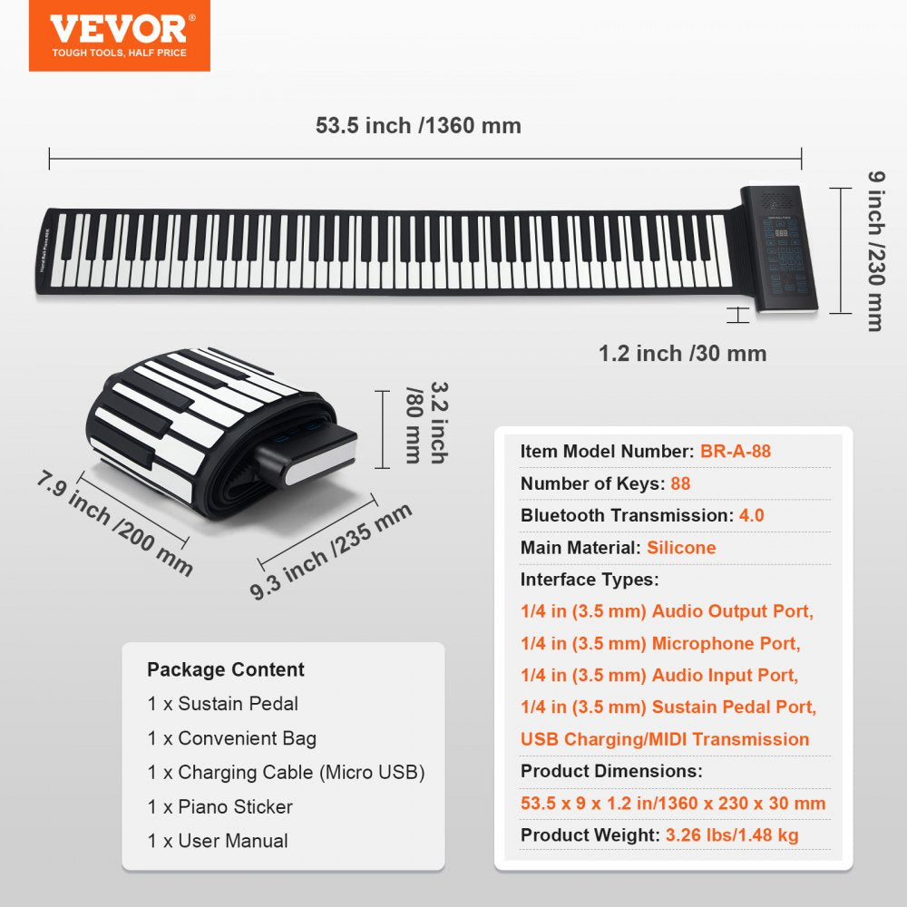 BR-A-88 - Portable 88-Key Silicone Piano with Rechargeable Battery & LED Display
