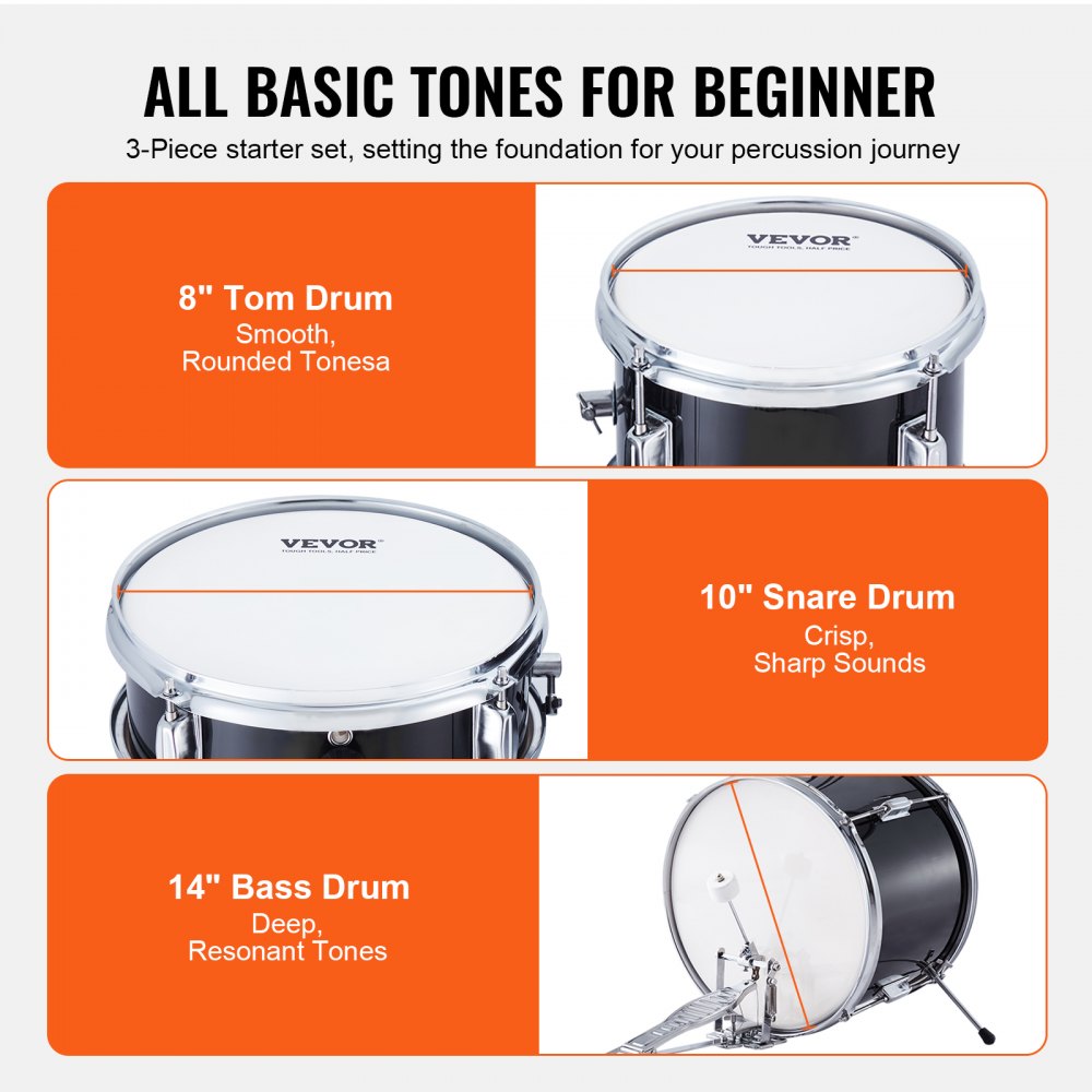 SH-001-BK - 3-Piece Kids Drum Set with 8" Tom, 10" Snare, 14" Bass