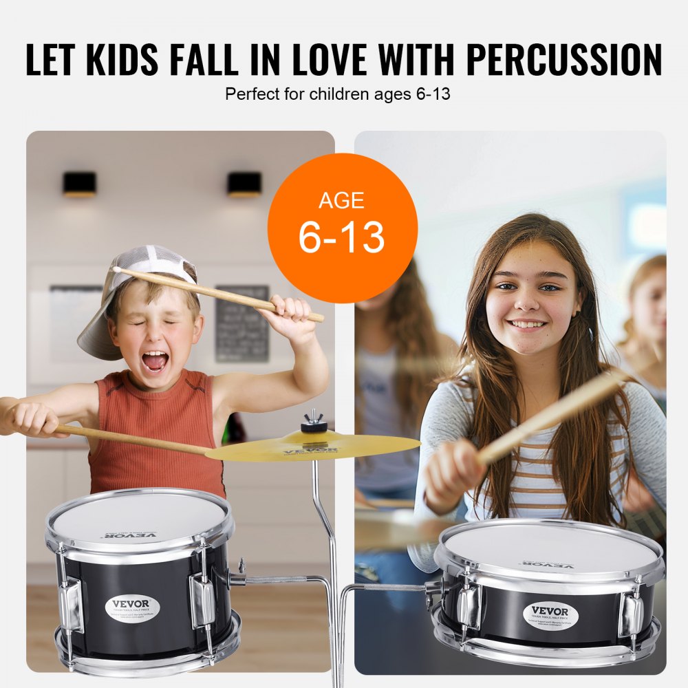 SH-001-BK - 3-Piece Kids Drum Set with 8" Tom, 10" Snare, 14" Bass