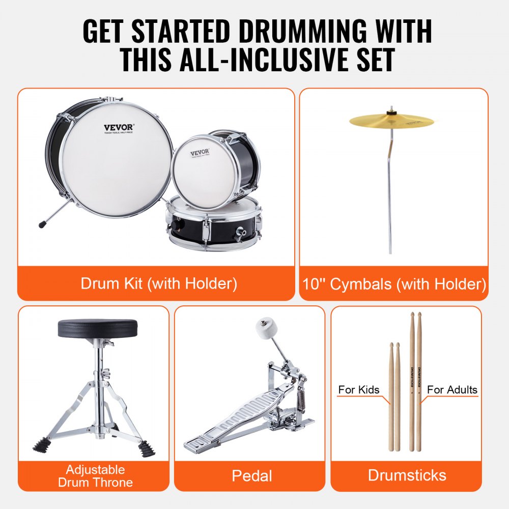 SH-001-BK - 3-Piece Kids Drum Set with 8" Tom, 10" Snare, 14" Bass