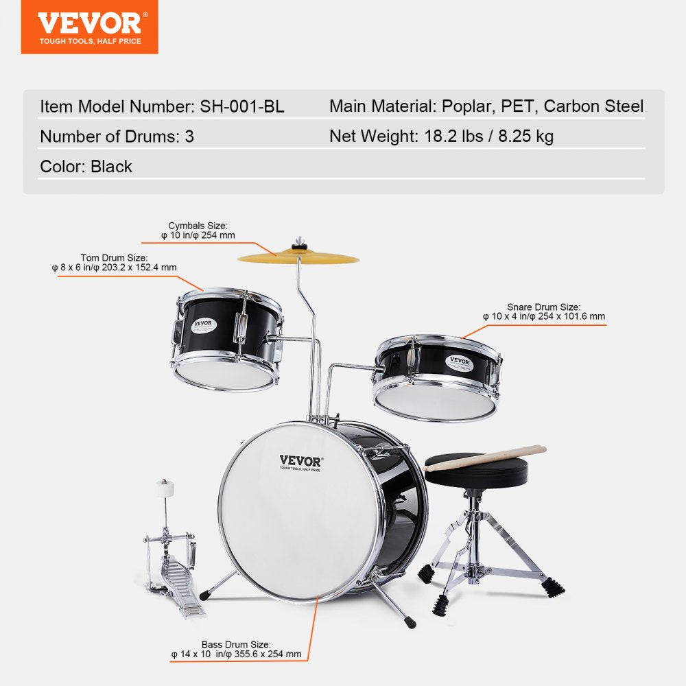 SH-001-BK - 3-Piece Kids Drum Set with 8" Tom, 10" Snare, 14" Bass