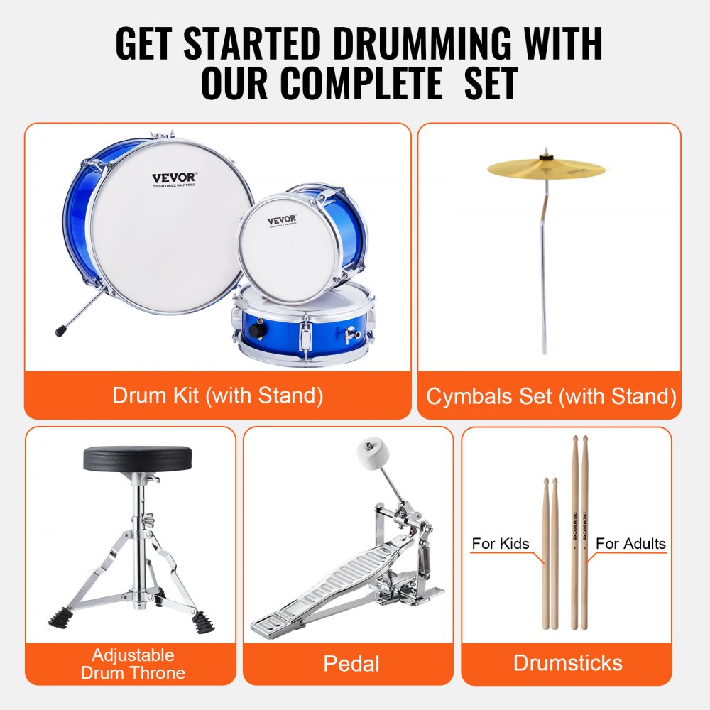 SH-001-BL - VEVOR Kids Drum Set with 14" Bass & Adjustable Throne
