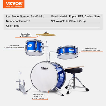 SH-001-BL - VEVOR Kids Drum Set with 14" Bass & Adjustable Throne