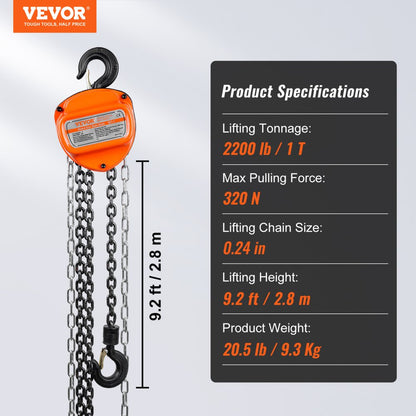 010786952005 - VEVOR 1 Ton Chain Hoist, 10FT Galvanized Steel, Safe Lifting