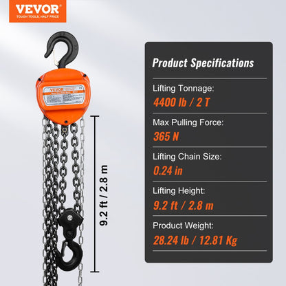 010636310817 - 2 Ton VEVOR Hand Chain Hoist with 10 FT Lifting Capacity