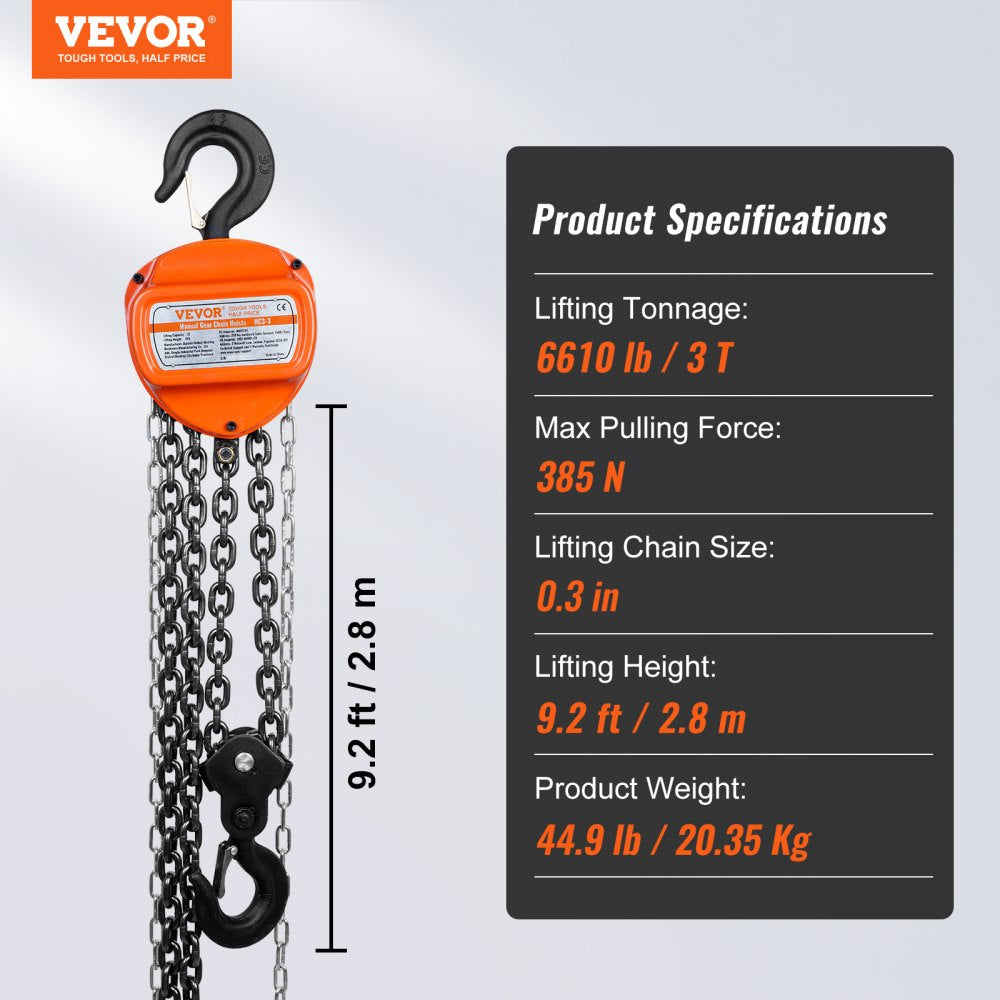 010891588083 - 3 Ton VEVOR Chain Hoist with Double Pawl Brake System