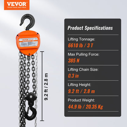 010891588083 - 3 Ton VEVOR Chain Hoist with Double Pawl Brake System