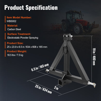 WBS002 - Durable 3-Point Hitch Receiver for Tractors, Easy Installation