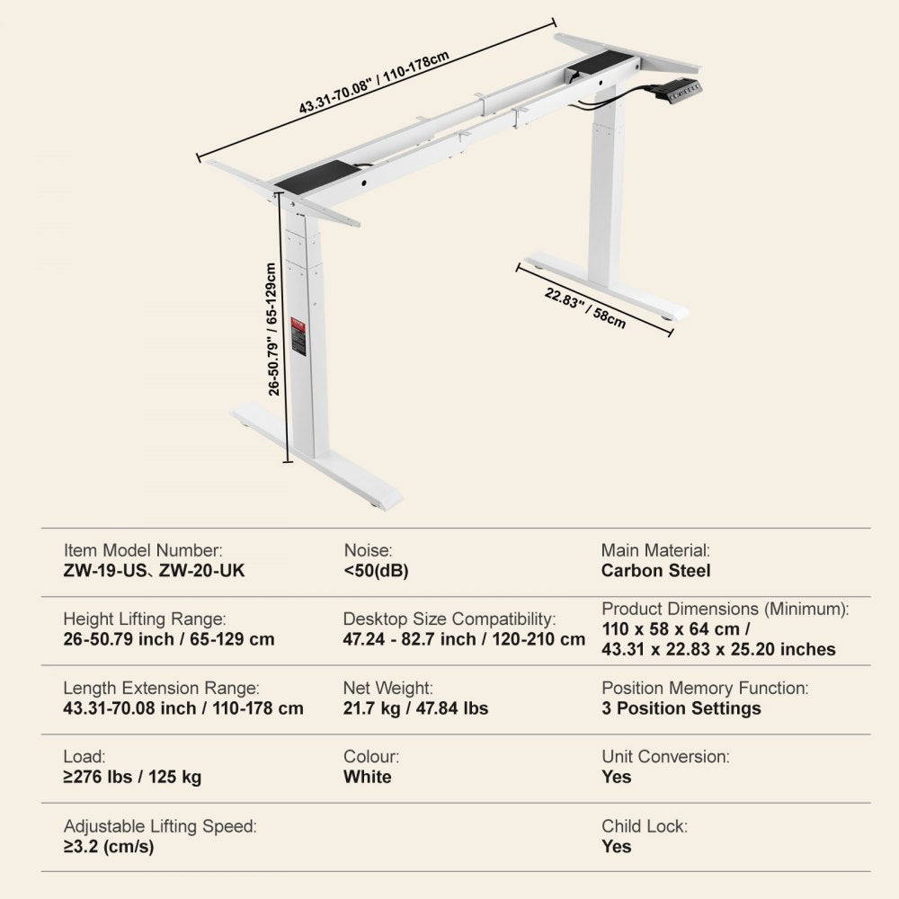ZW-19 - VEVOR Dual Motor Standing Desk Frame, 26-50.79" Height Adjust, 276 lbs