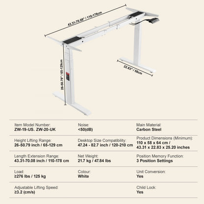 ZW-19 - VEVOR Dual Motor Standing Desk Frame, 26-50.79" Height Adjust, 276 lbs
