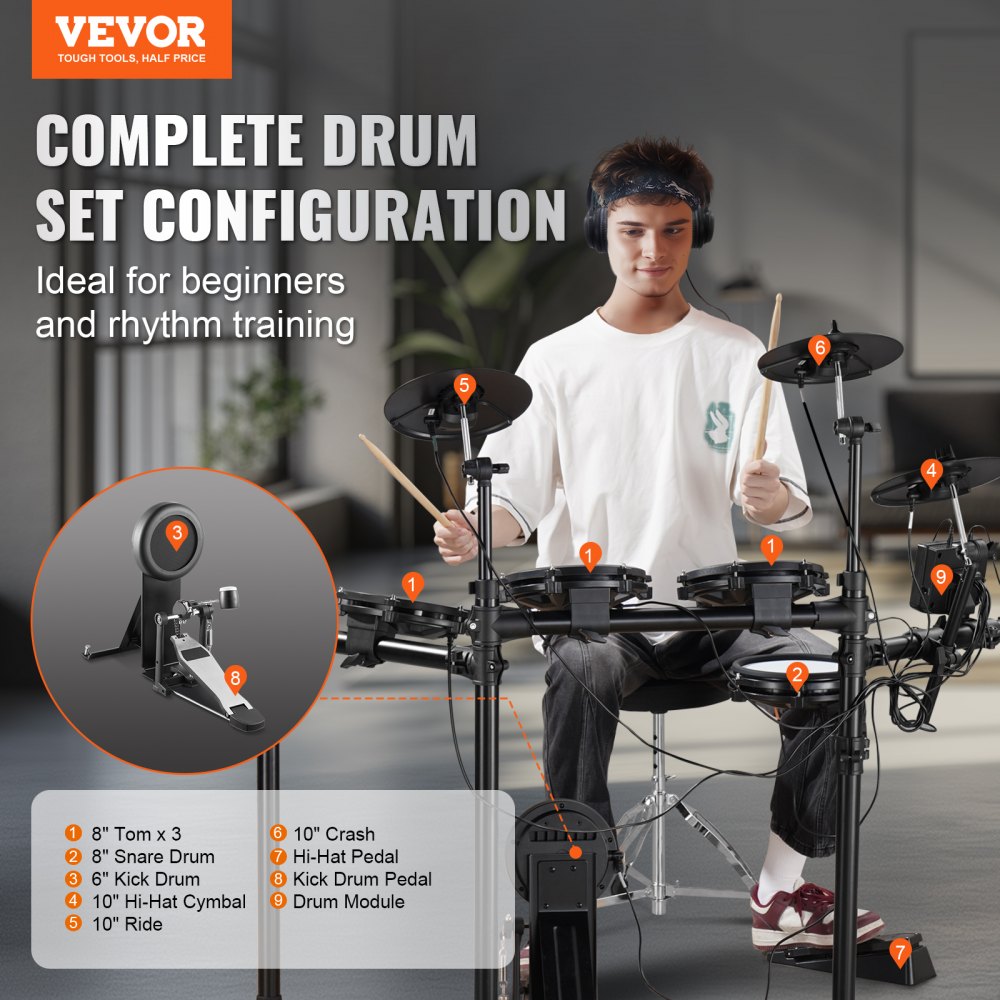 MD200D-P - VEVOR Electric Drum Set with 4 Drums and 3 Cymbals