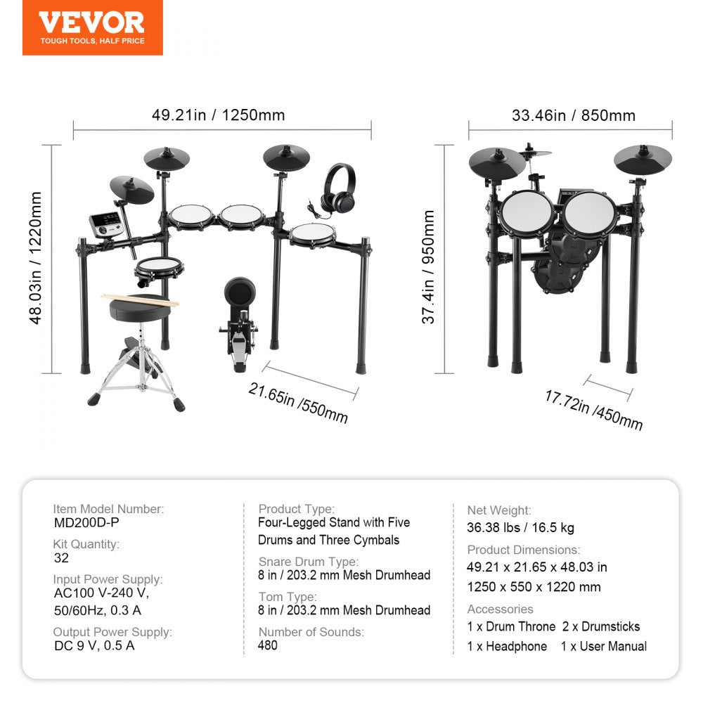 MD200D-P - VEVOR Electric Drum Set with 4 Drums and 3 Cymbals