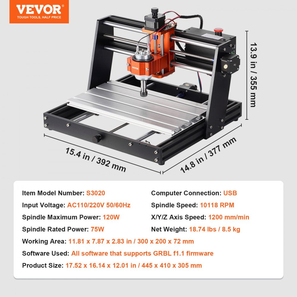 S3020 - 300x200mm VEVOR CNC Router with 120W Spindle for Wood & Acrylic