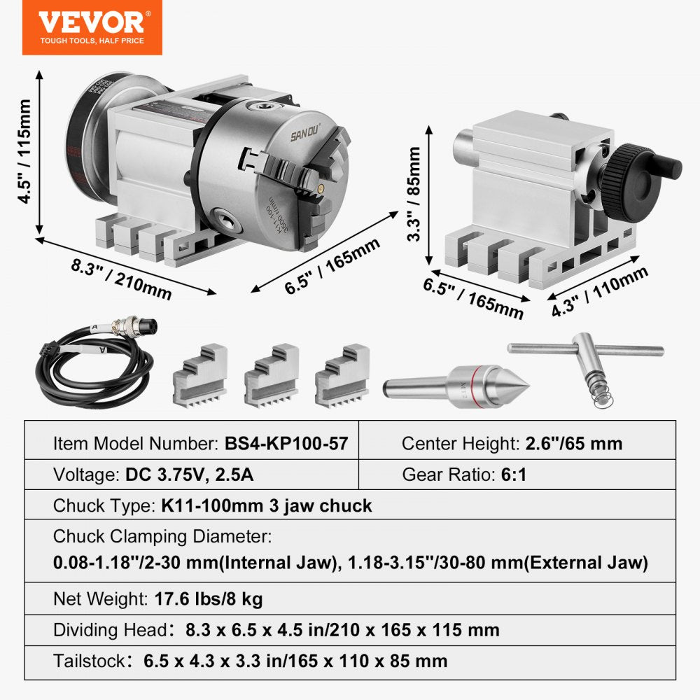 BS4-KP100-57 - VEVOR 3-Jaw Chuck for CNC with 4th Axis Precision