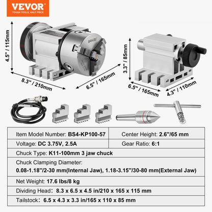 BS4-KP100-57 - VEVOR 3-Jaw Chuck for CNC with 4th Axis Precision