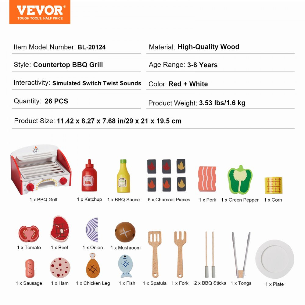 BL-20124 - Realistic Wooden BBQ Grill Playset for Kids Ages 3-5