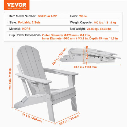 SS401-WT-2P - Foldable HDPE Adirondack Chairs Set for All-Weather Use