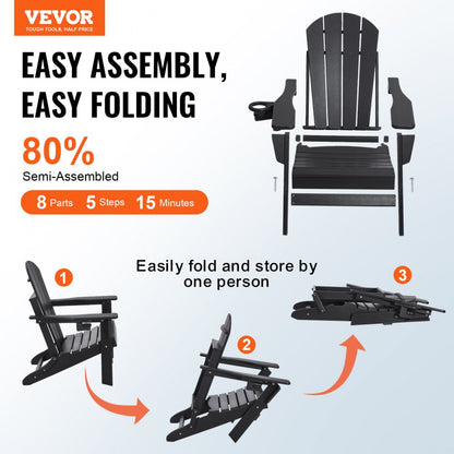 SS401-BK-2P - Durable Folding Adirondack Chairs, Black HDPE Set of 2