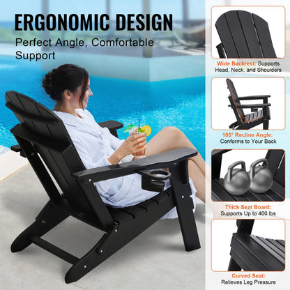 SS401-BK-2P - Durable Folding Adirondack Chairs, Black HDPE Set of 2