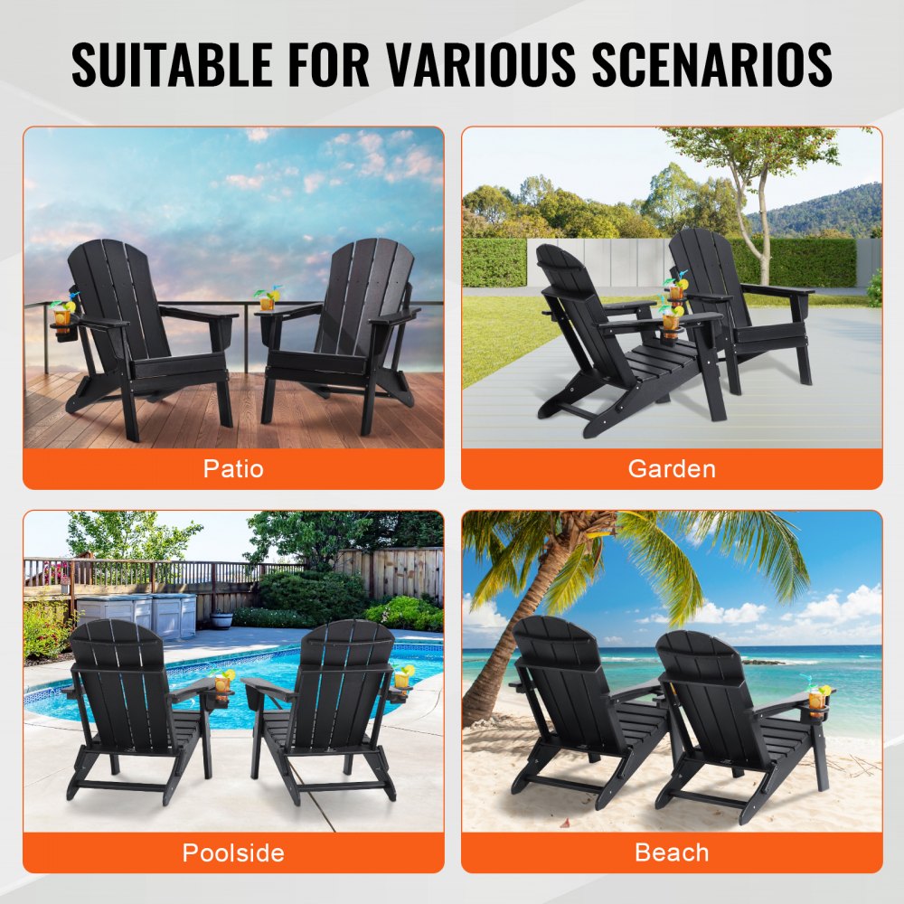 SS401-BK-2P - Durable Folding Adirondack Chairs, Black HDPE Set of 2