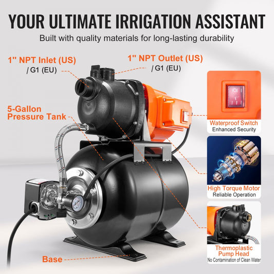 FSGP1200-2 - 1HP Shallow Well Pump, 1000 GPH, 5-Gallon Tank