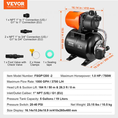 FSGP1200-2 - 1HP Shallow Well Pump, 1000 GPH, 5-Gallon Tank